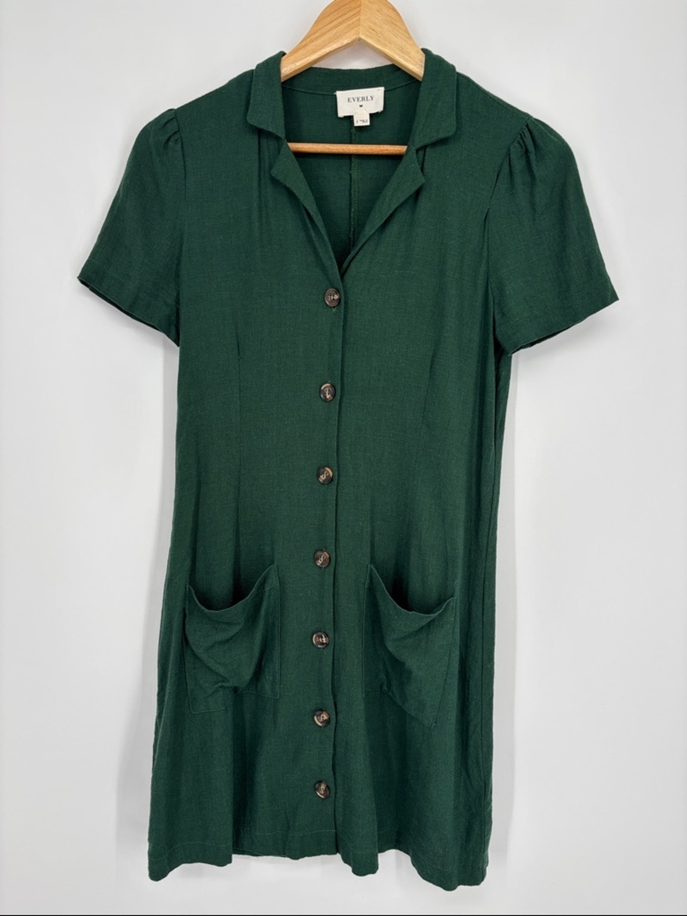 Everly Green Linen Blend Short Sleeve Button Front Dress Women’s Size Small